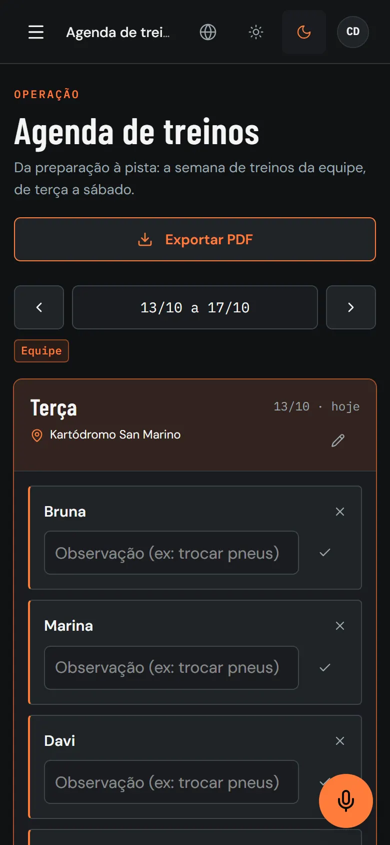 Agenda de treinos do GDR HUB no celular