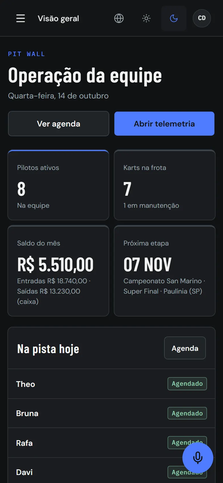 Visão geral do GDR HUB no celular, com a cor azul