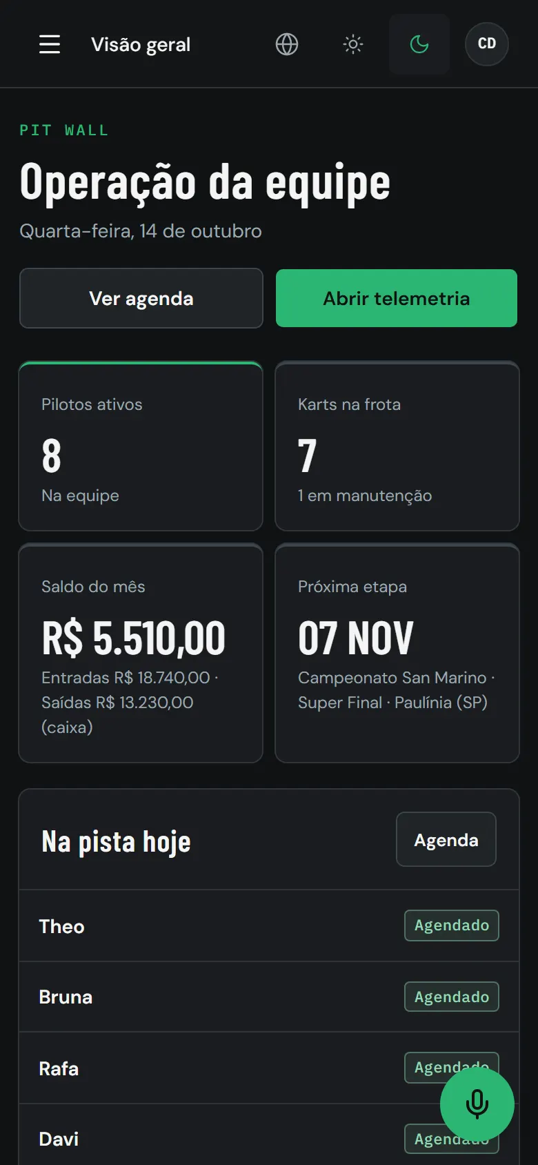 Visão geral do GDR HUB no celular, com a cor verde