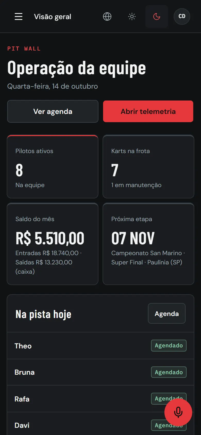 Visão geral do GDR HUB no celular, com a cor vermelho